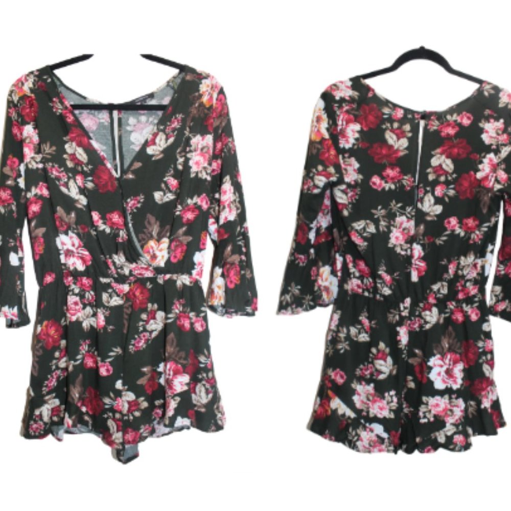 Ambiance Floral romper with Bell Sleeves and keyhole back size Large